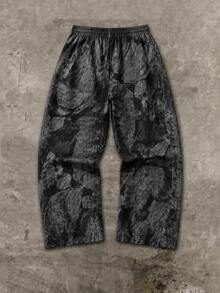 Krometka Men's High Street Ink Wash Rock Print Drawstring Wide Leg Pants, American Vintage Distressed Loose Straight Leg Casual Long Pants - Black - View 6