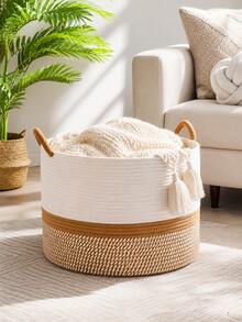 Multifunctional Large Cotton Rope Woven Storage Basket, Multi-Purpose Laundry Basket And Blanket Storage Box, Foldable Toy Storage Bin, Suitable For Living Room, Bedroom And Laundry Room, Decorative Pillow Basket, Clothing Storage Box, Home Storage Container - Multicolor - View 1