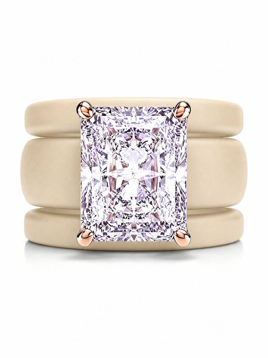 3PCS Khaki Silicone Ring Set, Purple Rectangular Zirconia Cut, Suitable For Daily Wear, Suitable For Girlfriends, Couples, Weddings, And Valentine's Day - Khaki Silicone - Purple Rectangular - View 1