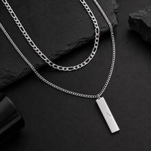 2 piezas/set Nuevos collares de cadena de acero inoxidable con colgante de tira rectangular e inicial, capas, para hombres - Plateado - Ver 3