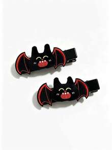 2pcs Cute Plush Bat Hair Clips - Halloween Embroidered Side Clips, Cartoon Duckbill Bangs Clips For Girls - Black - View 1