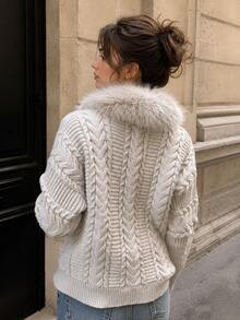 Women's Cozy Cable Knit Pullover Sweater With Faux Fur Collar, Long Sleeve Regular Fit For Winter & Fall Fashion - Apricot - View 2