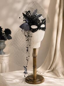 Gothic Butterfly Lace Masquerade Mask With Mesh Veil, Pearl Beads, Black & Red Eye Mask, Women's Halloween Party Cosplay Wedding Costume Accessory - Multicolor - View 8