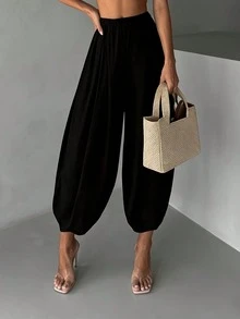 Plus Size Women Solid Color Harem Lantern Pants Cropped Length Pleated Cuffed Black - Black - View 2