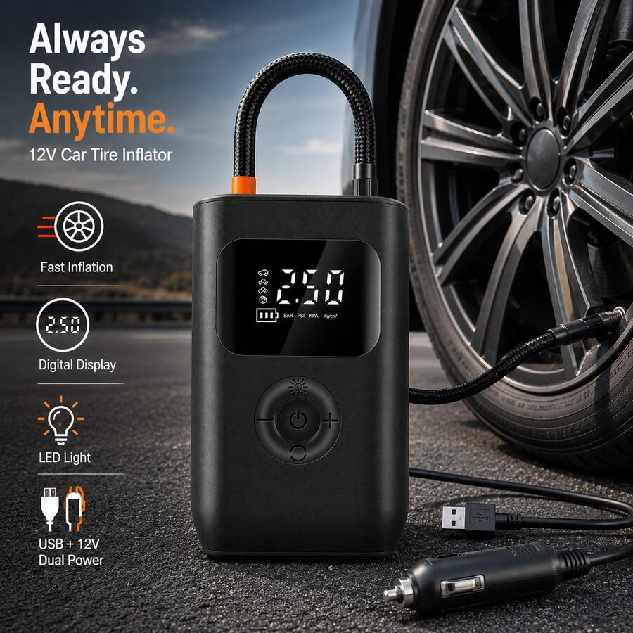 Portable Tire Inflator Pump 12V Car Tire Pressure Pump, USB And 12V DC Dual Power Car Charging, Digital LCD Display With LED Light, Auto Shut-Off, Suitable For Cars, Motorcycles, Bicycles, Balls And Other Inflatable Items