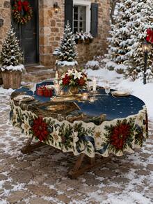 1pc Christmas Holy Night Starry Sky Square/Round/Oval Tablecloth, Nativity And Angel Worship Pattern, Lily, Poinsettia And Pine Branch Border, 100D Matte Polyester Dining Tablecloth, Suitable For Balcony, Patio, Gathering And Winter Holiday Decoration - Christmas-d - View 5