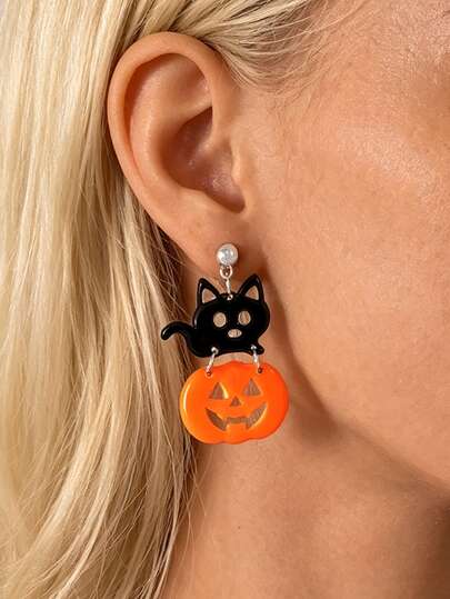 1 Pair Halloween Cute Cartoon Cat Pumpkin Stud Earrings, Unique Creative Fun Ear Jewelry