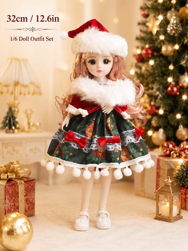 1PC 32cm / 12.6in Christmas Doll Clothes Set With White Shoes, Red Hat, Faux Fur Cape And Green Dress, Handmade Style 1/6 BJD SD Doll Outfit, Holiday Party Wear, Doll Collection Gift, Photo Prop, Doll Not Included