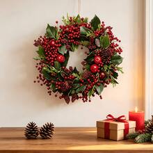 Christmas Artificial Pine & Love-In-A-Mist Wreath Wall Sticker, Self-Adhesive Home Decor For Bedroom And Entryway, Holiday Decoration Gift - Multicolor - View 4