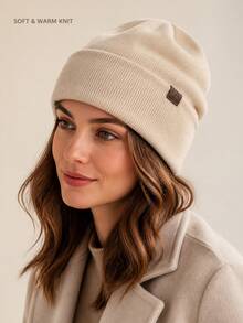 Women's Solid Color Ribbed Knit Loose Beanie, Soft Warm Folded Brim Winter Hat, Suitable For Daily Wear - Hat - View 2