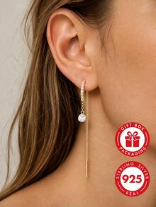 GLIMMER GI 1 Pair Fashion S925 Sterling Silver Tassel Earrings With Synthetic Zirconia Inlay, Elegant Minimalist Niche Design For Women, Hypoallergenic Pure Silver Earline For Daily Wear/Vacation/Valentine's Day/Birthday/Mother's Day Gift, Suitable For Women's Ear Piercing [Gift Box Included] - Gold - View 2