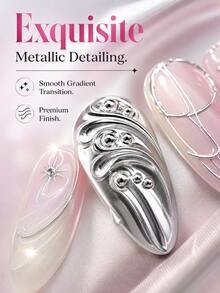 NAIO 10pcs Almond Shaped Press-On Nails, Metallic Silver Streamlined Design Fake Nails, Pink Nude Base Color With Star-Shaped Rhinestones, Glossy Full Coverage Fake Nails, Suitable For Party And Daily Wear - Multicolor - View 3