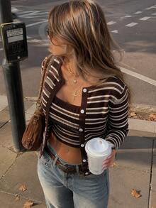 Women's Fall Winter Coffee Color Striped Knit 2 Piece Set, Long Sleeve Cardigan Coat And Cami Top, Ribbed Sweater, Cozy Casual Outfit, Back To School - Brown Stripes - View 9