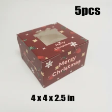 5pcs Christmas 4*4*2.5 Inch Cake Boxes With Christmas Tree, Bell, Gift Transparent Window, Wedding Party, Graduation Party Gift Packaging Boxes, Suitable For Christmas Candy, Apple Dessert Packaging - Multicolor - View 9