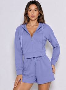 Never me Women's Sports Set Full Zip Short Hoodie & Drawstring High Waist Shorts 2 Pieces Casual Fitness Outfit - Dusty Blue - View 3