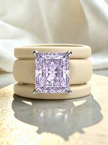 3PCS Khaki Silicone Ring Set, Purple Rectangular Zirconia Cut, Suitable For Daily Wear, Suitable For Girlfriends, Couples, Weddings, And Valentine's Day - Khaki Silicone - Purple Rectangular - View 15