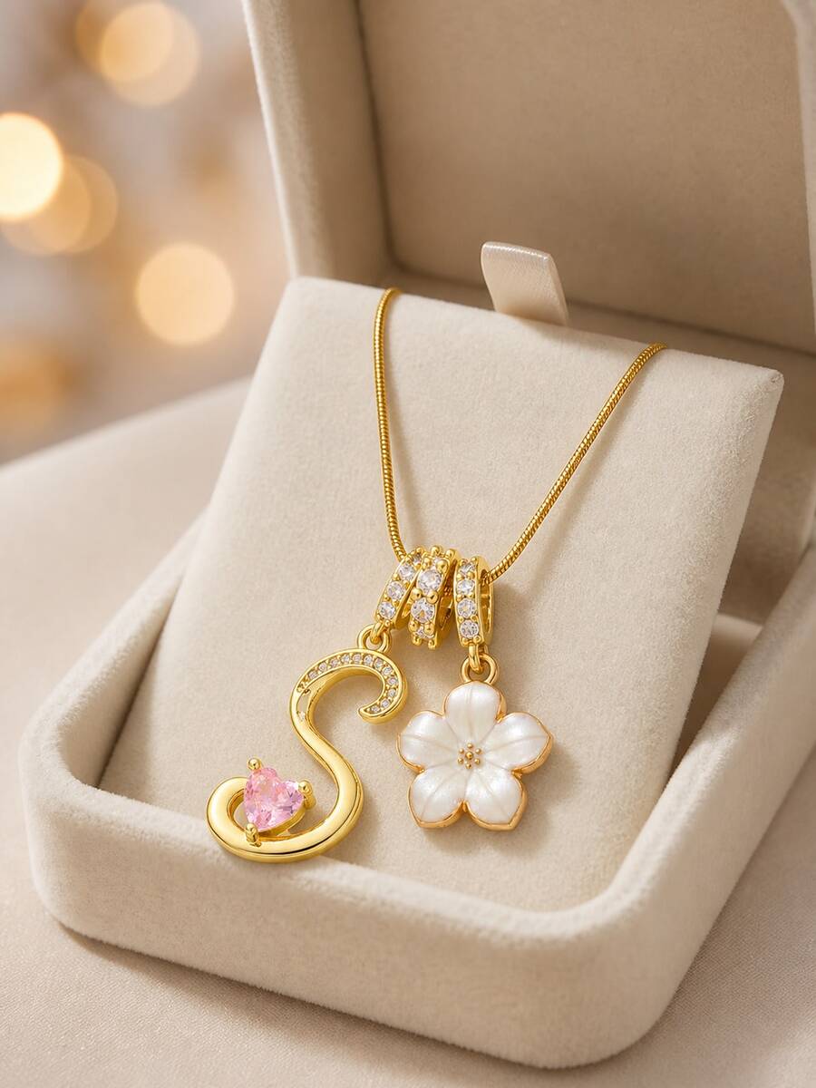 1pc Heart Initial Letter & White Five-Petal Flower Multi-Pendant Necklace For Girl's Anniversary Dates Party Holiday Birthday Gift For Daily Wear - Gold - View 1