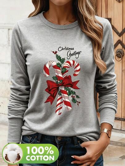 100% Camiseta de cuello redondo de manga larga de algodón con estampado de patrones artísticos - Parte superior elegante casual, lavable a máquina, cómoda para todas las estaciones