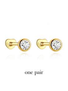 AnlaScheer 1pc 925 Sterling Silver Round Bezel Flat Back Helix Cartilage Piercing Earring, Women's Engagement Wedding Bridal Jewelry - Gold - View 15