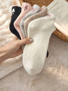 1/2/4 Pairs Women's Short Socks, Double Layer White Fuzzy Socks With Bow Pattern, Warm And Comfortable, Suitable For Autumn/Winter, Random Color, Christmas Gift - Multicolor - View 3