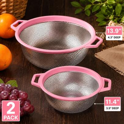 Pink Stainless Steel Colander With Double Handles, Flat Base Mesh Food Strainer For Pasta & Berries, Rust Resistant Easy Clean Kitchen Draining Basket (Large/Small)