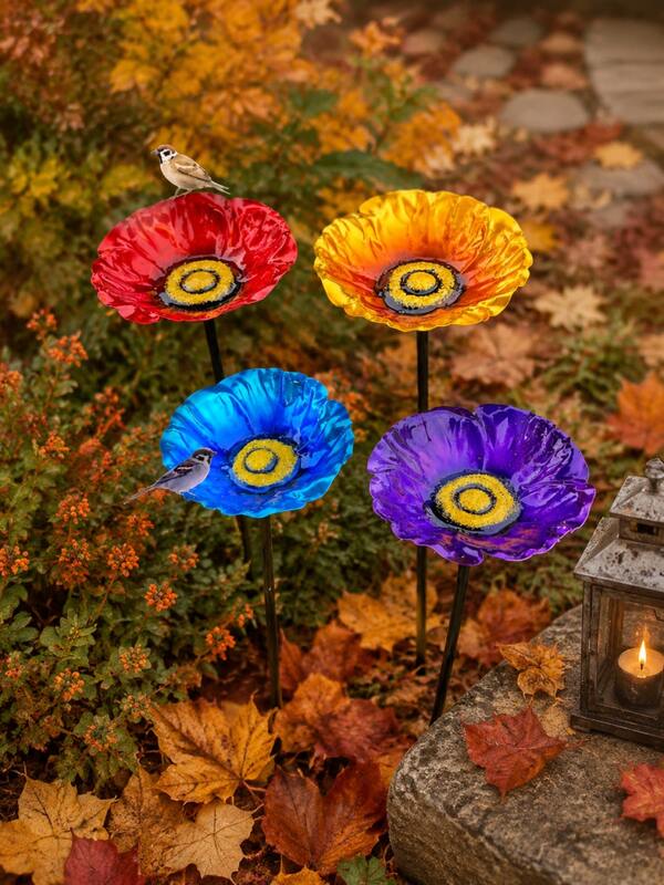 1pc Metal Poppy Flower Garden Stake, Bee & Butterfly Water Feeder, Colorful Waterproof Metal Yard Art Decor, Suitable For Outdoor Patio Lawn