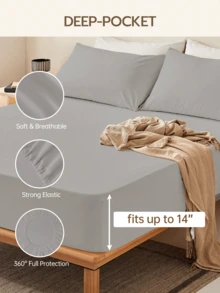 HONEYMOON 3/4 件套純色床上用品套組（3 件套 = 1 件床笠 + 1 件床單 + 1 件枕套，4 件套 = 1 件床笠 + 1 件床單 + 2 件枕套）100% 聚酯纖維布料，Ins 風格，適合 9-12 英吋深口袋，抗縮水，可機洗，適用於各種尺寸，四季通用，居家與學校宿舍使用，返校必備，淺灰色 - 淺石灰色 - 查看 4