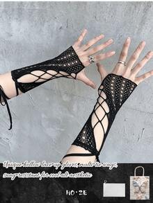 3/2/1 Stück/Paar/Set Damen Kreuz-Fischernetz fingerlose Ärmel, Aufbewahrungs-Geschenktüten Zubehör, Cut Out Handgelenksmanschetten, Gothic Halloween Cosplay Accessoire - Schwarz - Übersicht 8