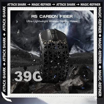 ATTACK SHARK Ratón Gaming R5 Ultra Ligero 39g PAW3950 Tasa de Sondeo 8K Máxima Ratón Inalámbrico Tri-Modo