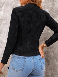 ChicMe Women Stand Collar Knit Cardigan Metal Double Breasted Decor Argyle Cable Textured Slim Fit Casual Party Wear - Black - View 2