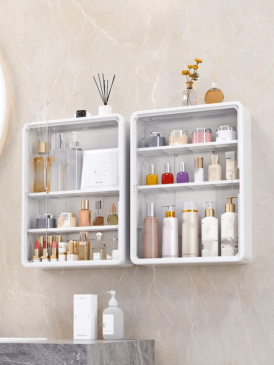 1pc No-Drill Wall-Mounted Cosmetic Storage Rack, Multi-Functional Cosmetic Storage Box With Detachable Shelves, Transparent Bathroom Accessories, Unfinished Surface, Space-Saving Display Box; Also Suitable As Blind Box, Toys Or Medicine Storage - White - View 1