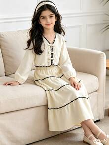 Left Mama Elegant Bowknot Decor Long Sleeve Top & Skirt Set, Casual Spring & Autumn Outfit For Tween Girls - Beige - View 2