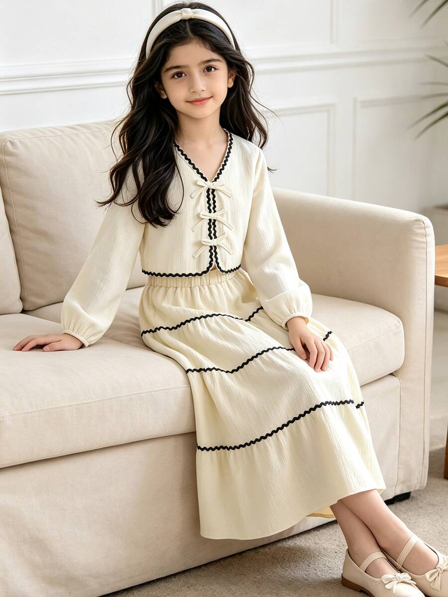 Left Mama Elegant Bowknot Decor Long Sleeve Top & Skirt Set, Casual Spring & Autumn Outfit For Tween Girls