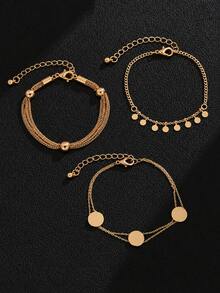 3 PiecesGold Round Pendant Bracelet Set With Sequin Tassel Decoration, Metal Disc Bracelet, Minimalist Style, Adjustable Size, Suitable For Daily Wear, Commuting And As A Versatile Gift For Girlfriend, Family, Friends - Bracelet - View 6