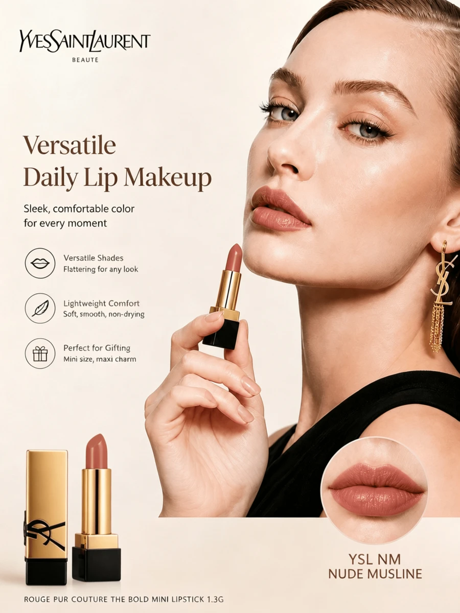 Saint Laurent Lipstik Mini Rouge Pur Couture #NM Nude Muse 1.3g, Hasil Akhir Satin, Melembapkan, Ukuran Travel - Lipstik Nude Muse #NM - View 1