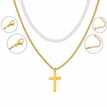 2Pcs/Set Classic Cross Golden Silvery Stainless Steel Chain Beaded Layered Necklace For Men - cross - View 4