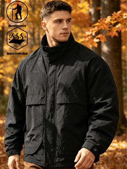 Men's Lightweight Outdoor Hiking & Climbing Jacket, Black Casual Stand Collar Full Zip Woven Jacket With Large Pockets, Pilot Jacket, Autumn/Winter