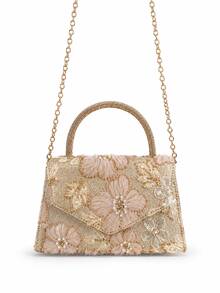Tidet Ever Luxury Champagne Beaded Flap Bag, Pink Embroidered Floral And Pearl Decor, Shiny Handle Gold Chain Wedding Evening Clutch - Champagne - View 3