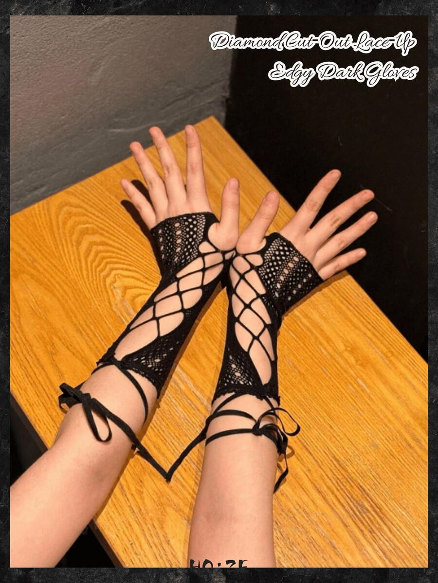 3/2/1 Stück/Paar/Set Damen Kreuz-Fischernetz fingerlose Ärmel, Aufbewahrungs-Geschenktüten Zubehör, Cut Out Handgelenksmanschetten, Gothic Halloween Cosplay Accessoire - Schwarz - Übersicht 1