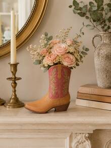 1pc Cowboy Boot Vase, Western Cowgirl Boot Flower Holder, Vintage Rustic Farmhouse Decorative Vase, Country Home Tabletop Centerpiece, Bedroom Living Room Shelf Decor Gift - Double-layer Shoe Vase - View 4