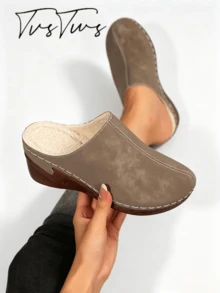 Solid Color Matte Leather Contrast Stitching Thermal Lined Mule Shoes For Women, Wedge Heel Round Toe Closed Toe Slippers, Comfortable Warm Casual Outdoor Thermal Slippers - Khaki - View 3