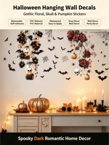 Miếng dán tường treo Halloween phong cách Gothic, họa tiết hoa tối màu, đầu lâu, hũ thủy tinh, hoa hồng, quả thông, bí ngô, dơi, nhện, tự dính, có thể tháo rời, chống nước, chất liệu PVC, dùng trang trí lối vào, phòng khách, cửa, cửa sổ, không khí tiệc tùng - Hình dán tường - Xem 1