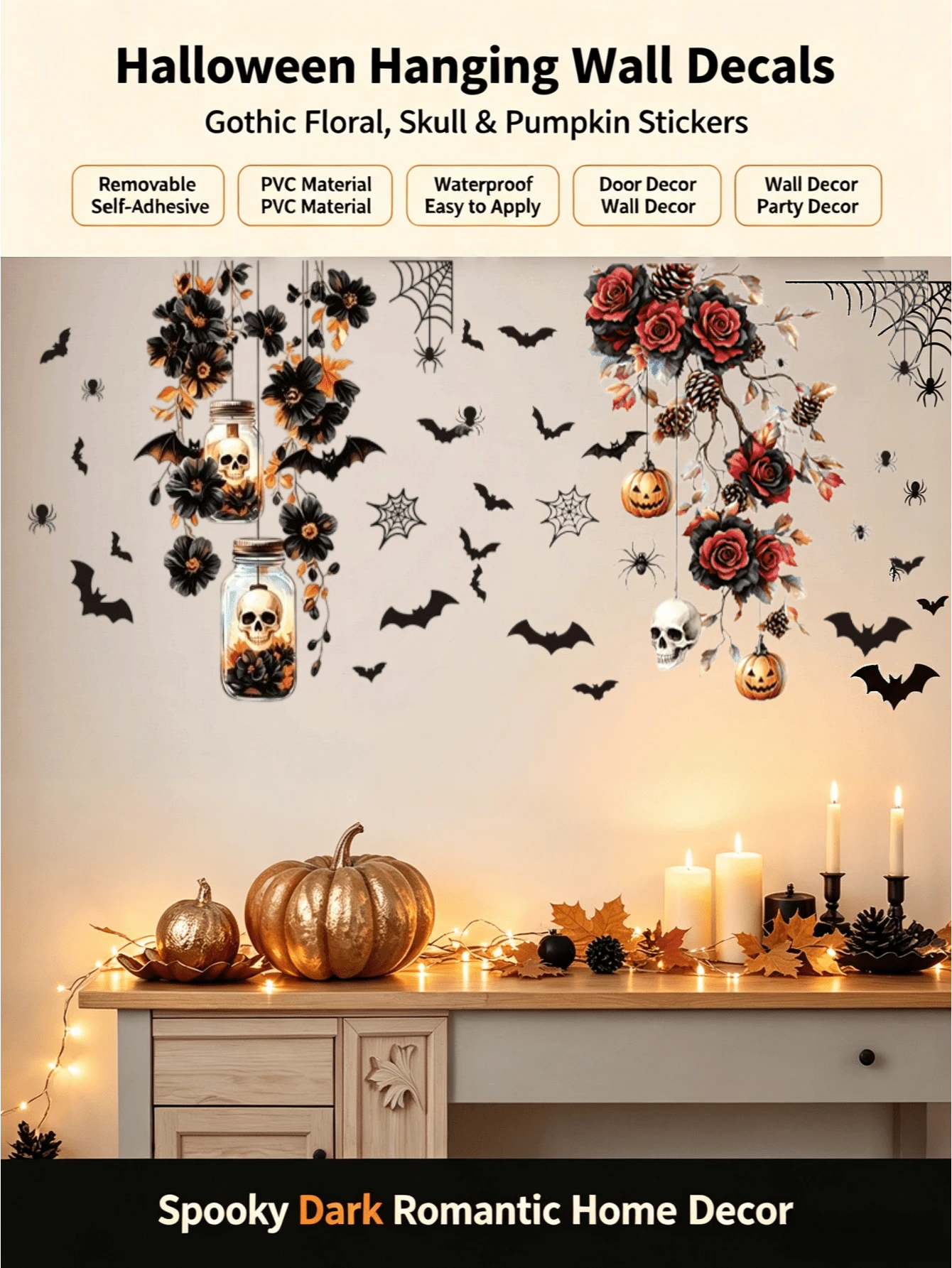 Miếng dán tường treo Halloween phong cách Gothic, họa tiết hoa tối màu, đầu lâu, hũ thủy tinh, hoa hồng, quả thông, bí ngô, dơi, nhện, tự dính, có thể tháo rời, chống nước, chất liệu PVC, dùng trang trí lối vào, phòng khách, cửa, cửa sổ, không khí tiệc tùng - Hình dán tường - Xem 1