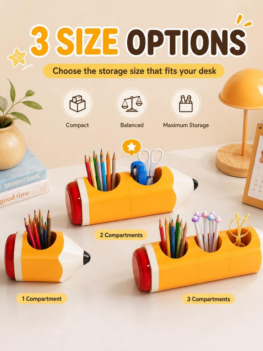 Creative Pencil Shaped Pen Holder, Multi-Compartment Desk Organizer For Pens Pencils Scissors Markers, Cute Stationery Storage Box For School Office Dorm Desk - A - View 1