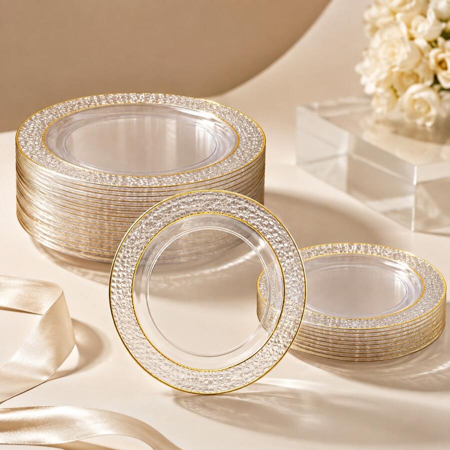 50/25/20/10pcs Transparent Gold Rim Plates/Trays Set, 7.5 Inch/10.25 Inch Reusable Plates, Food Trays, Fruit And Snack Platters, Dessert And Salad Plates, Cheese And Candy Trays, Multi-Purpose Tableware For Parties, Weddings, Birthdays, Picnics, Holiday Events, Easy To Clean And Durable, Suitable For Elegant Home And Event Table Settings. - View 1