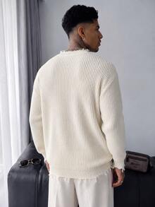 Men's Fashion Casual Versatile Daily Commute Home Wear Distressed Fringe Crew Neck Long Sleeve Loose Ribbed Pullover Knit Sweater Autumn/Winter - Apricot - View 4