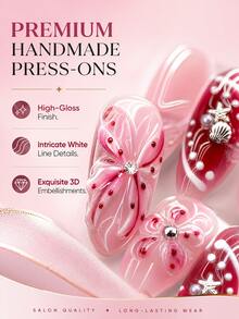 NAIO 10pcs Almond Shaped Press-On Nails, Pink Gradient 3D Bow Shell Star Rhinestone Design, Glossy Full Coverage Fake Nails, Suitable For Date Party Daily Wear - Multicolor - View 2