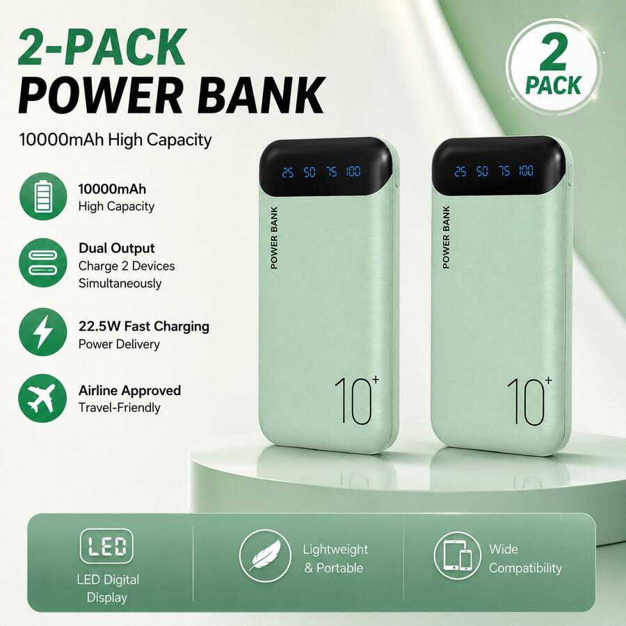 2-Pack Portable Charger 10000mAh, Slim USB C Input And Output Power Bank With LED Display Lightweight External Battery Pack Compatible For IPhone 14/13/12, Etc