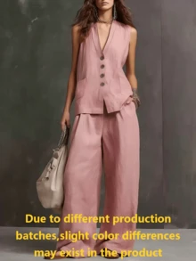 Solid Color Elegant Casual Front Button Vest And Wide Leg Pants Office Suit Pink Summer - Pink - View 2