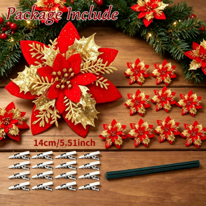 15pcs 5.51inch Christmas Artificial Flower Decorations, Including Duckbill-Shaped Metal Clips And Fixing Wires. Suitable For Christmas Tree Decorations, Weddings, Parties, Background Decorations, Or Outdoor, Garden, Or Indoor Living Room Settings.